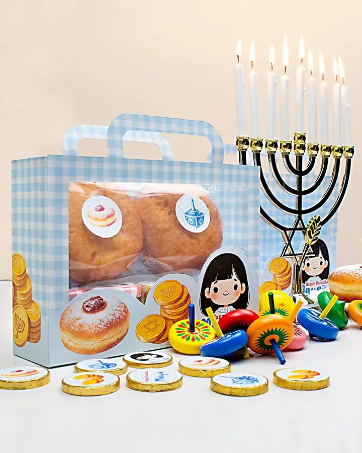מארז מזוודה לחנוכה עם סופגניות וסביבונים